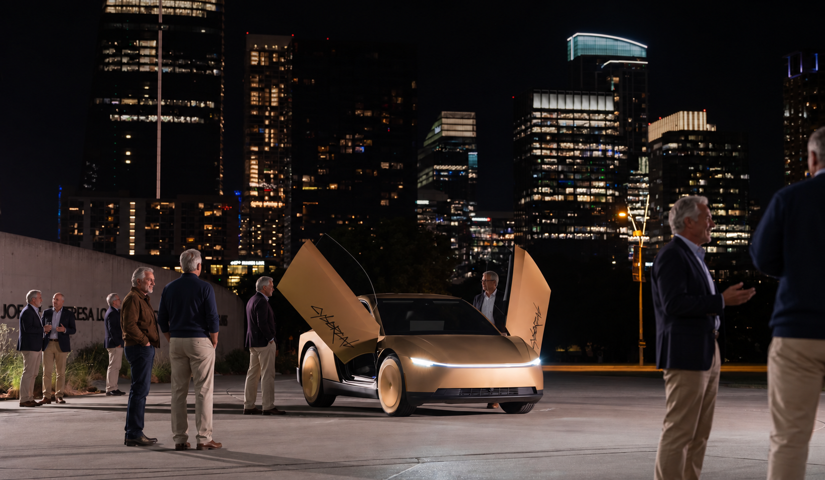 Illustrative scene of men aged 45 and older beside a gold Tesla Cybercab with butterfly doors open